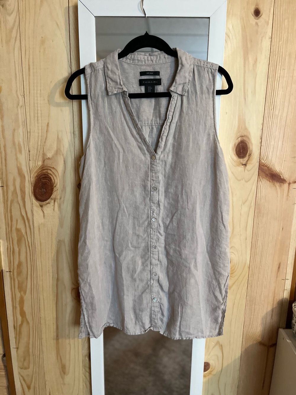 Tahari 100% Hemp Linen Oatmeal Colored Button Down Tunic Side Slits